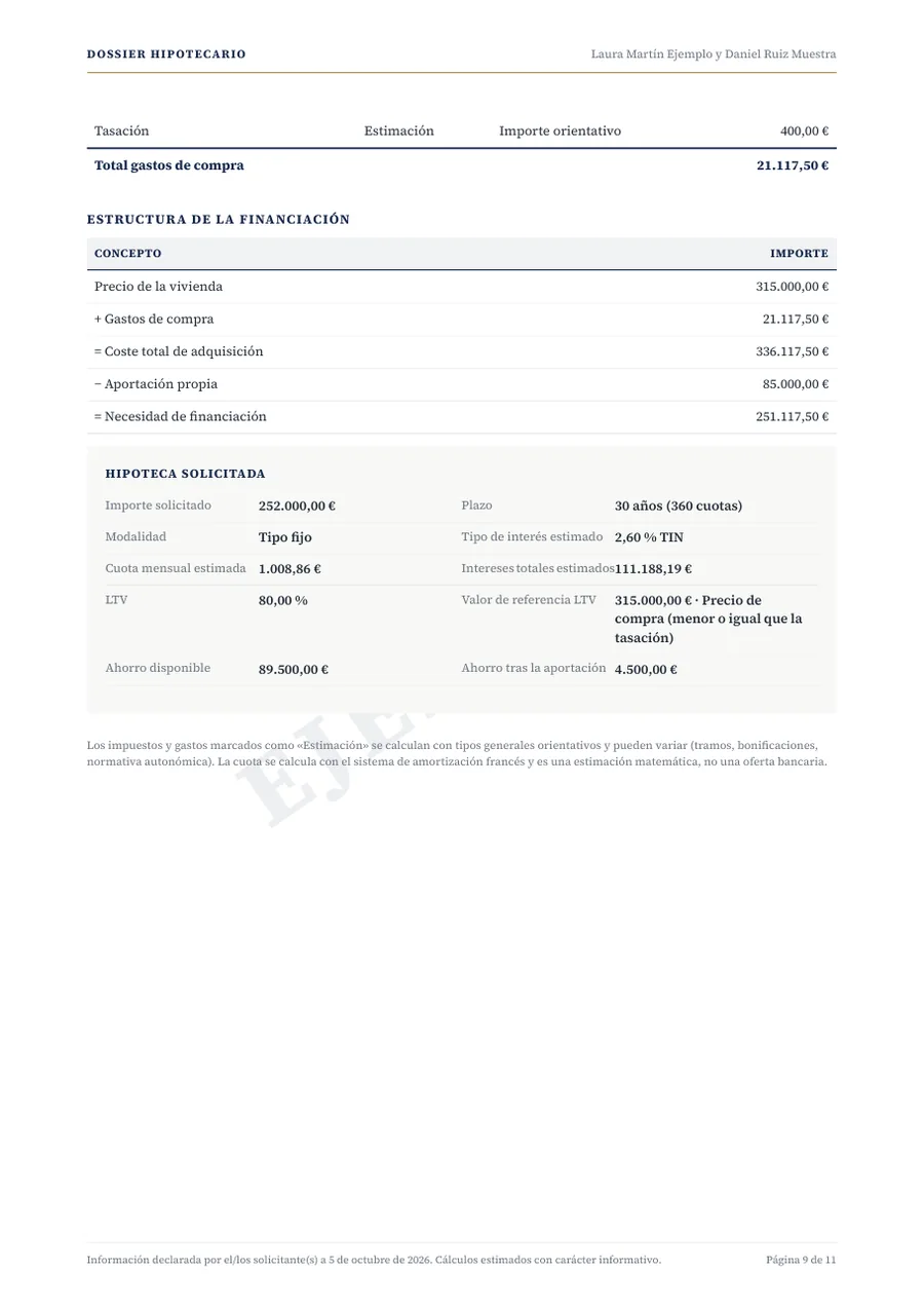 Dossier de ejemplo con datos ficticios: Operación hipotecaria